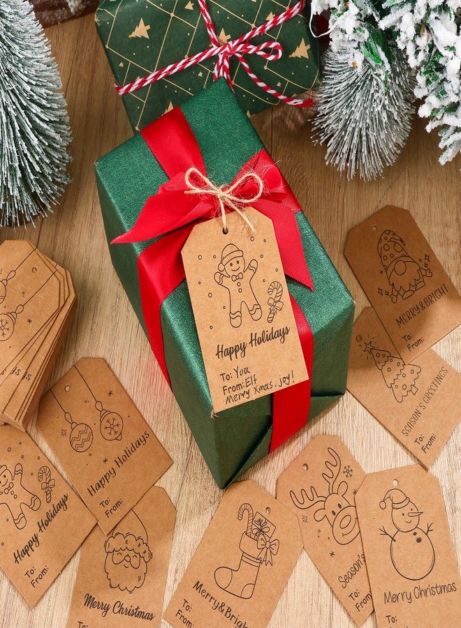 Fairooth 120 Pcs Christmas Gift Tags with String 3" x 2" Christmas Kraft Paper Name Tags Doodle Xmas Brown Kraft Paper Gift Labels for Xmas Holiday Presents DIY Gifts Wrapping Decorations - Image 5